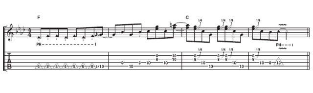 This example makes much more of a feature of the staccato pinch harmonics. It also uses some bluesy doublestops, some of which are bent a quarter tone to sound